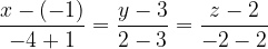 \dpi{120} \frac{x-(-1)}{-4+1}=\frac{y-3}{2-3}=\frac{z-2}{-2-2}